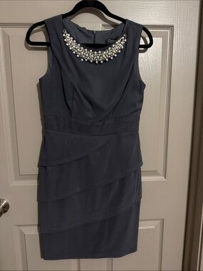 Dress Barn Slate Blue Pearl-Trim Sheath Midi Dress